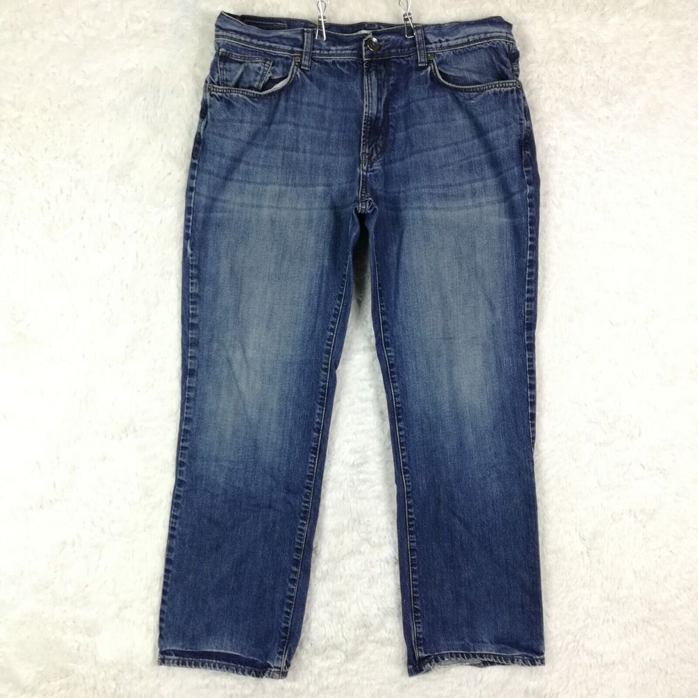 DKNY Mens Jeans Straight Leg Denim Whiskering Medium Wash Blue 36x30